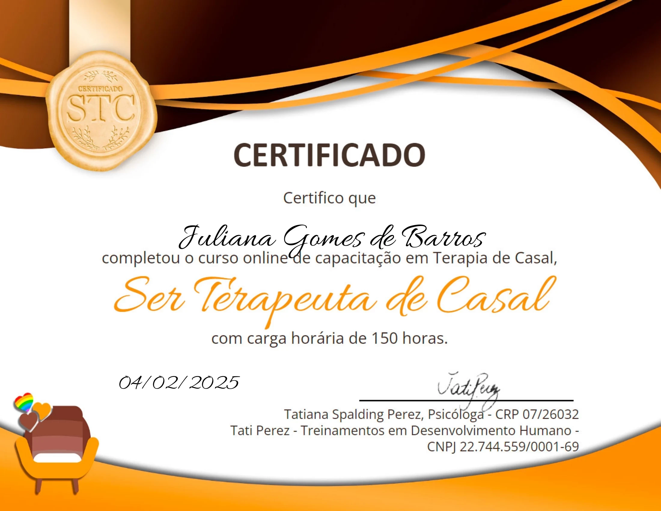 Capacitação em Terapia de Casal pela rede Ser Terapeuta de Casal.